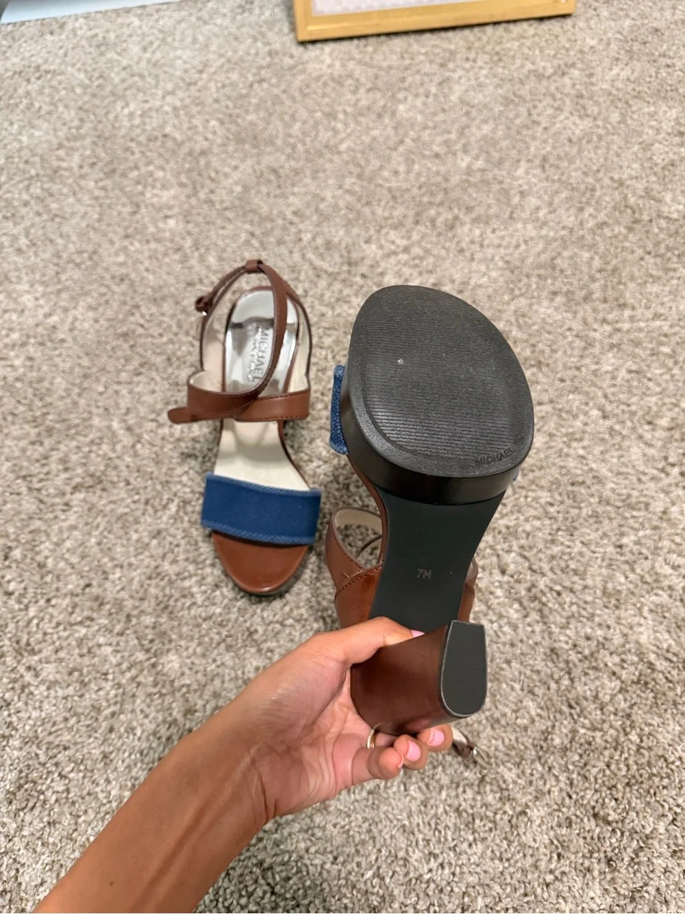 Michael Kors Brown Leather Sandal with Navy Front Band